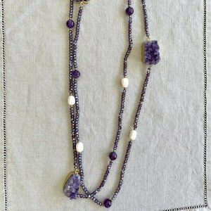 Semi precious authentic amethyst, fresh water pearl and druzy necklace